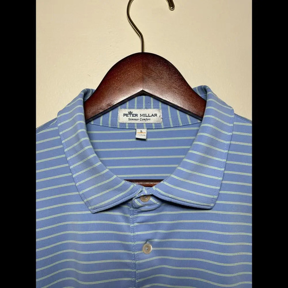 Peter Millar Men's Striped Polo Shirt - Light Blue & Light Green - Picture 3 of 4